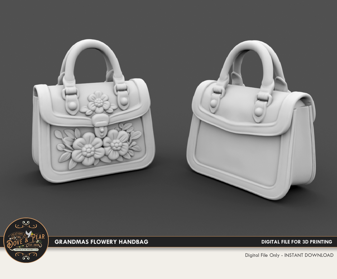 Grandmas flower handbag purse 3D printing STL file - Whimsical dollhouse miniatures, furniture. 3D printed dollhouse furniture and accessories by Dove & Pear.