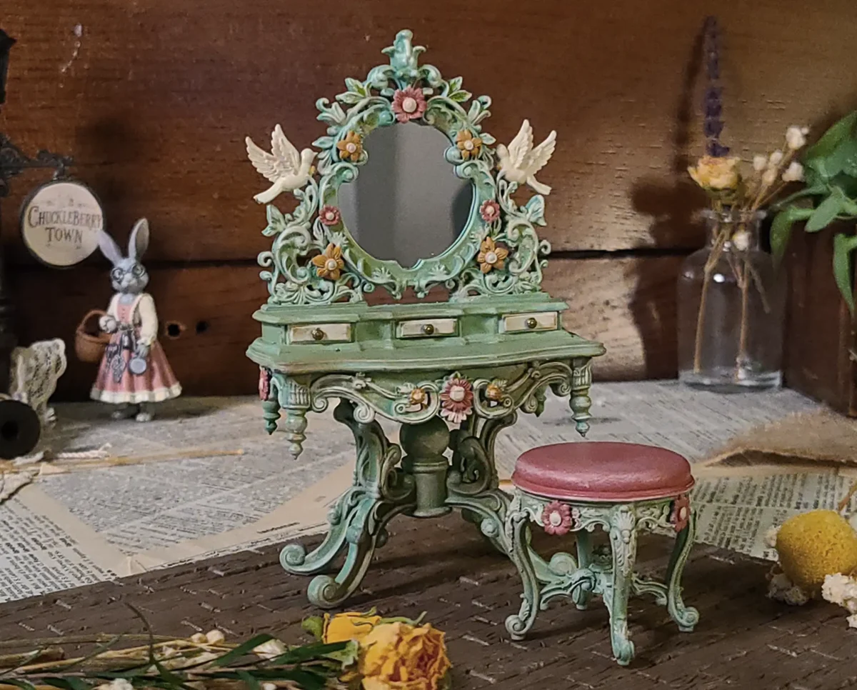 Hand-painted dressing table with mirror for 1:12 scale dollhouses by Dove & Pear. Storybook-inspired miniature appliances, fixtures, furniture and décor from Chuckleberry Town. Original Dove & Pear design.