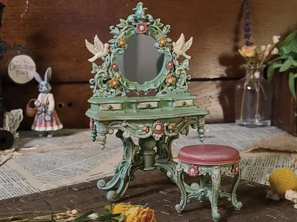 Hand-painted dressing table with mirror for 1:12 scale dollhouses by Dove & Pear. Storybook-inspired miniature appliances, fixtures, furniture and décor from Chuckleberry Town. Original Dove & Pear design.