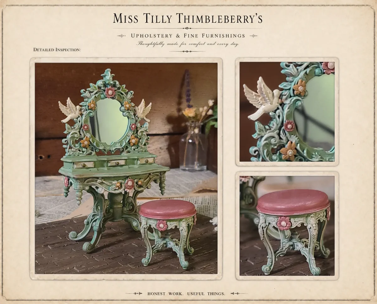 Hand-painted dressing table with mirror for 1:12 scale dollhouses by Dove & Pear. Storybook-inspired miniature appliances, fixtures, furniture and décor from Chuckleberry Town. Original Dove & Pear design.
