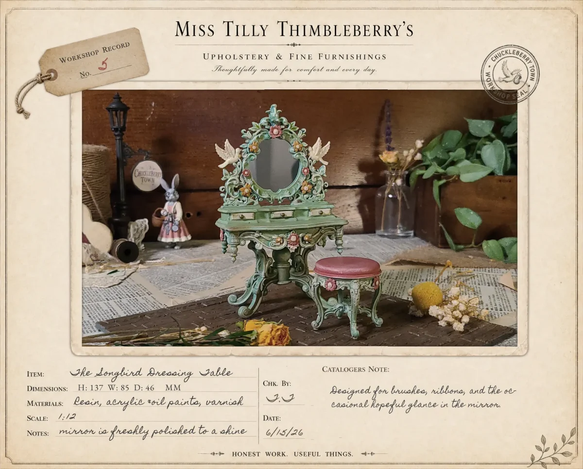 Hand-painted dressing table with mirror for 1:12 scale dollhouses by Dove & Pear. Storybook-inspired miniature appliances, fixtures, furniture and décor from Chuckleberry Town. Original Dove & Pear design.