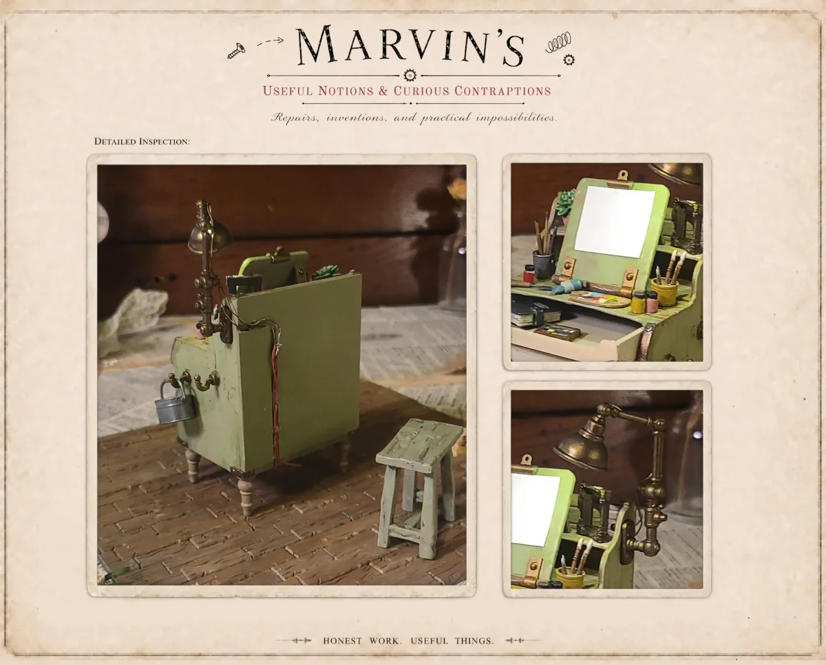 Painters Workbench – Hand-painted workbench for painters for 1:12 scale dollhouses by Dove & Pear. Storybook-inspired miniature appliances, fixtures, furniture and décor from Chuckleberry Town. Original Dove & Pear design.
