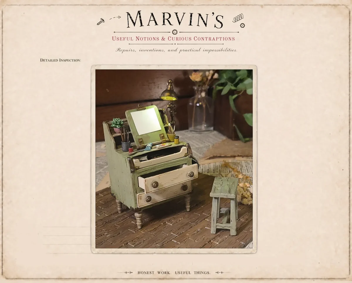 Painters Workbench – Hand-painted workbench for painters for 1:12 scale dollhouses by Dove & Pear. Storybook-inspired miniature appliances, fixtures, furniture and décor from Chuckleberry Town. Original Dove & Pear design.