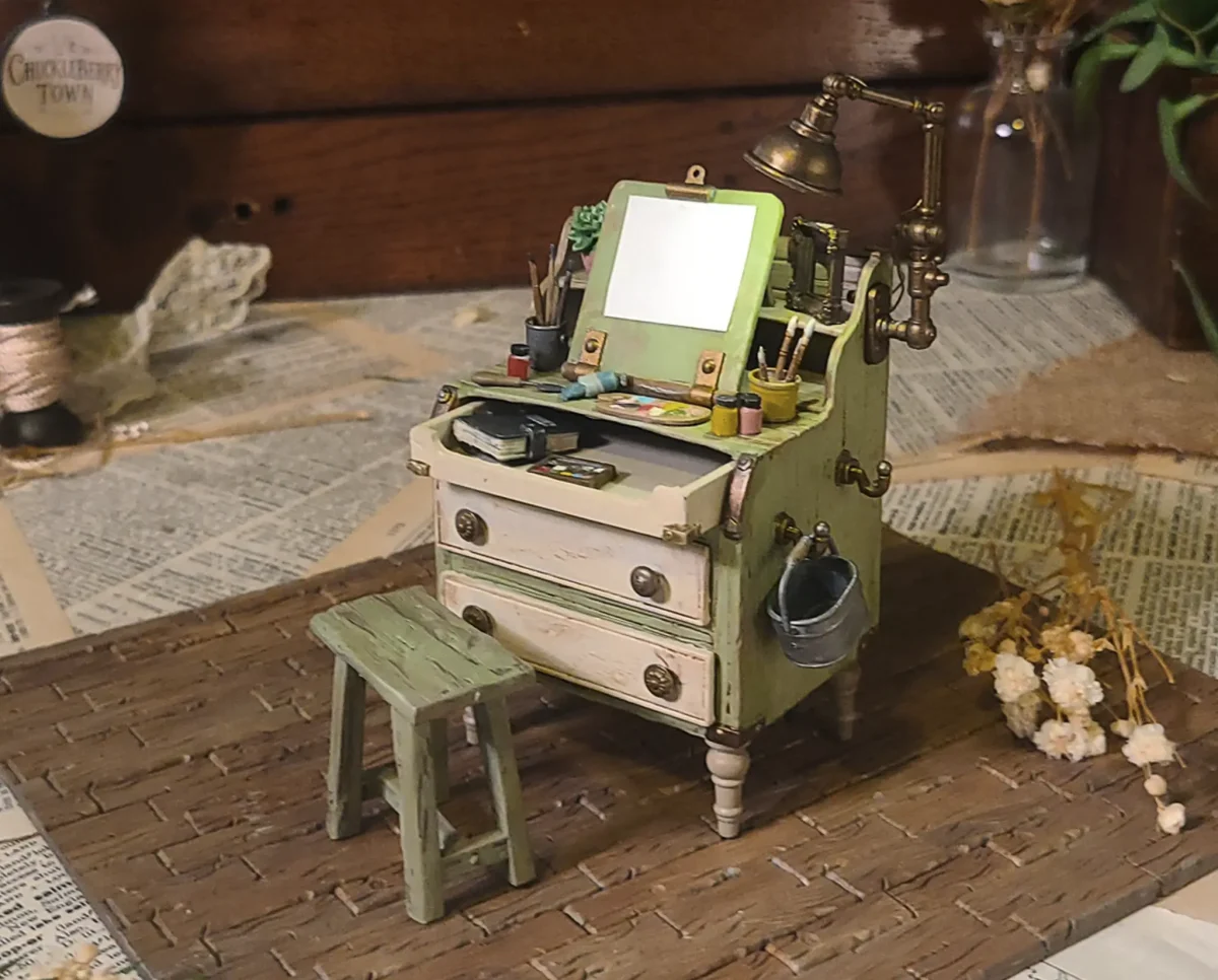 Painters Workbench – Hand-painted workbench for painters for 1:12 scale dollhouses by Dove & Pear. Storybook-inspired miniature appliances, fixtures, furniture and décor from Chuckleberry Town. Original Dove & Pear design.