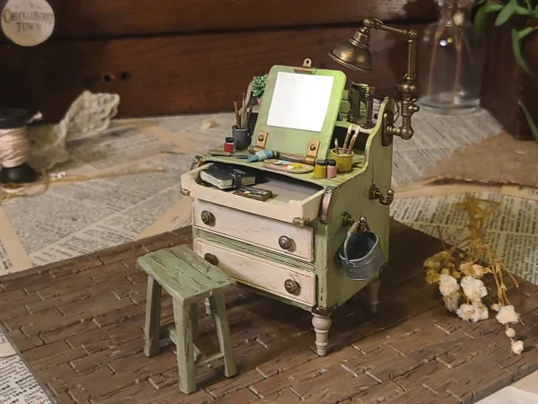 Painters Workbench – Hand-painted workbench for painters for 1:12 scale dollhouses by Dove & Pear. Storybook-inspired miniature appliances, fixtures, furniture and décor from Chuckleberry Town. Original Dove & Pear design.