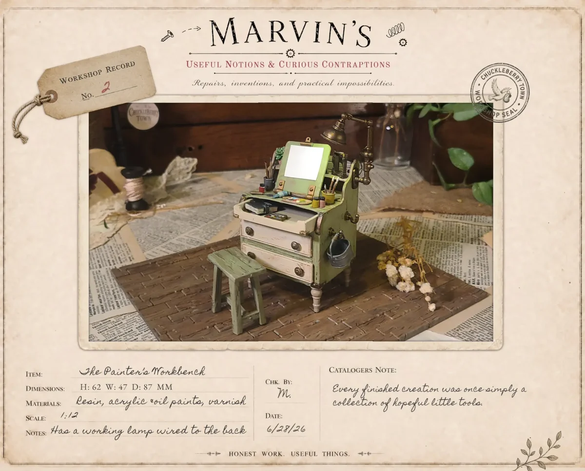 Painters Workbench – Hand-painted workbench for painters for 1:12 scale dollhouses by Dove & Pear. Storybook-inspired miniature appliances, fixtures, furniture and décor from Chuckleberry Town. Original Dove & Pear design.
