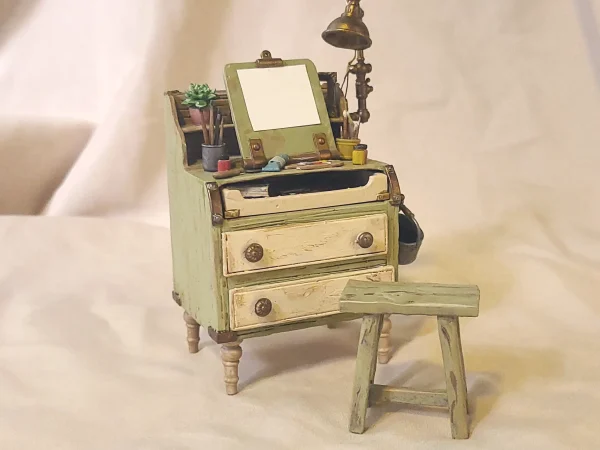 Painters Workbench – Hand-painted workbench for painters for 1:12 scale dollhouses by Dove & Pear. Storybook-inspired miniature appliances, fixtures, furniture and décor from Chuckleberry Town. Original Dove & Pear design.