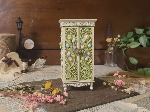 Bloomin' Armoire – Hand-painted armoire cabinet for 1:12 scale dollhouses by Dove & Pear. Storybook-inspired miniature appliances, fixtures, furniture and décor from Chuckleberry Town. Original Dove & Pear design.