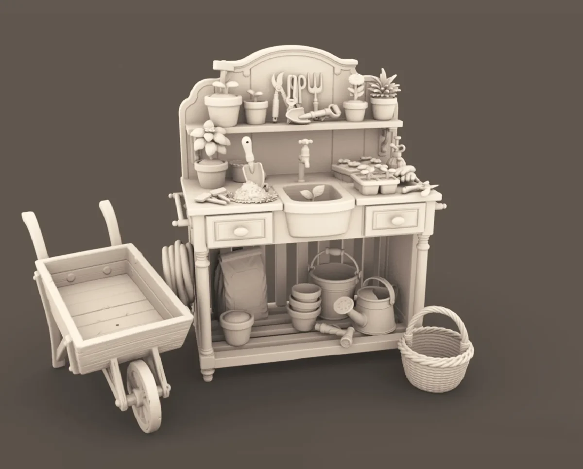 Archives 12 - Potting Table for Gardening with Accessories Dollhouse STL - home bedroom furniture and decor. 3D printing STL file - Storybook-inspired dollhouse miniatures, appliances furniture, décor and building supplies. Original designs by Dove & Pear.