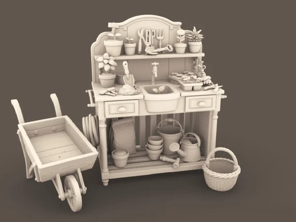 Archives 12 - Potting Table for Gardening with Accessories Dollhouse STL - home bedroom furniture and decor. 3D printing STL file - Storybook-inspired dollhouse miniatures, appliances furniture, décor and building supplies. Original designs by Dove & Pear.