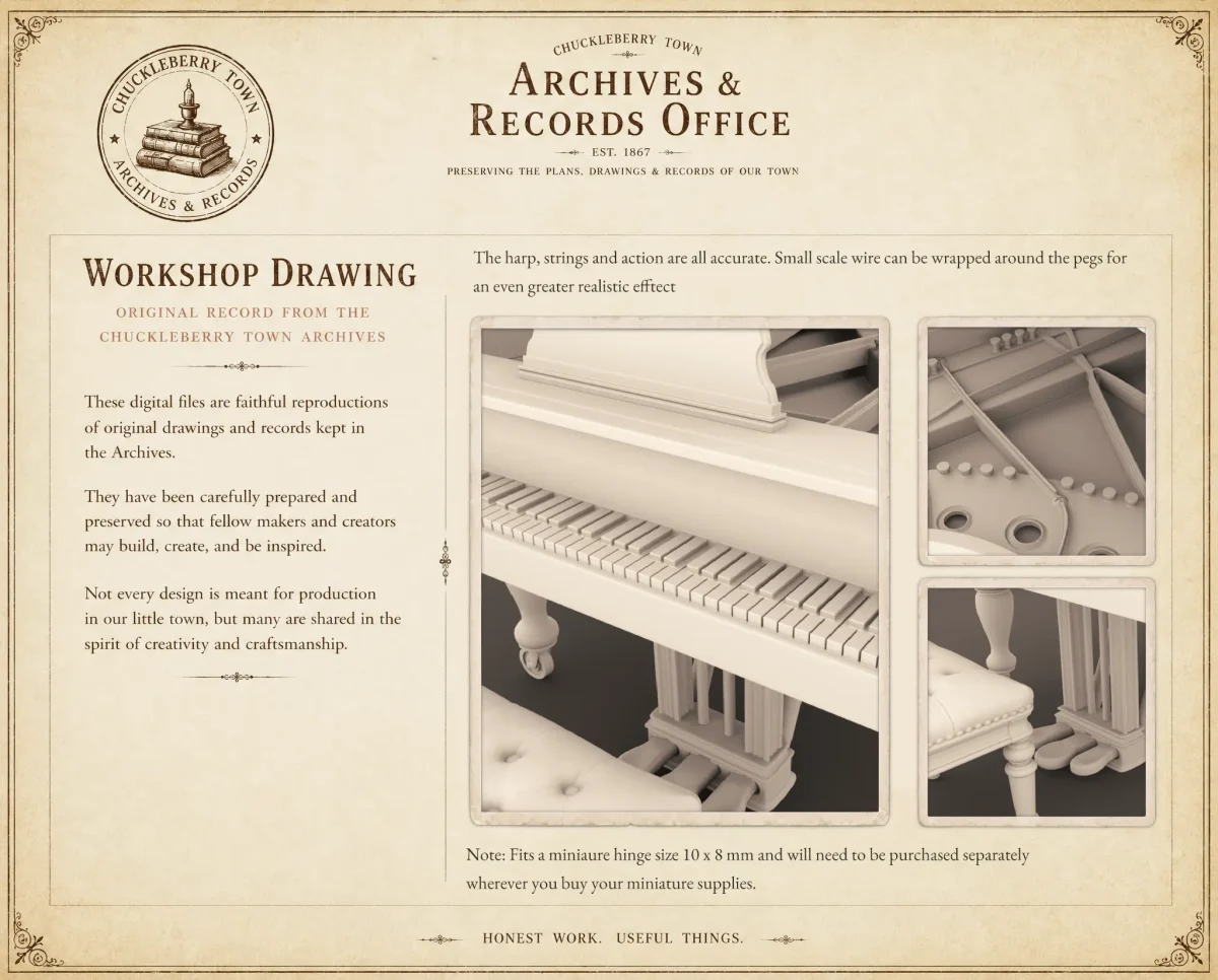 Grand Piano Archives 10 Dollhouse STL - home bedroom furniture and decor. 3D printing STL file - Storybook-inspired dollhouse miniatures, appliances furniture, décor and building supplies. Original designs by Dove & Pear.