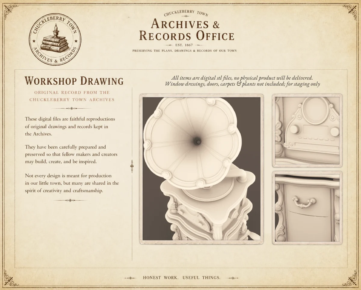 Archives 16 - Victrola Gramophone - Dollhouse STL - Original designs by Dove & Pear. Archives 16 - Victrola Gramophone - Dollhouse STL - home kitchen furniture and decor. 3D printing STL file - Storybook-inspired dollhouse miniatures, appliances furniture, décor and building supplies. Original designs by Dove & Pear.