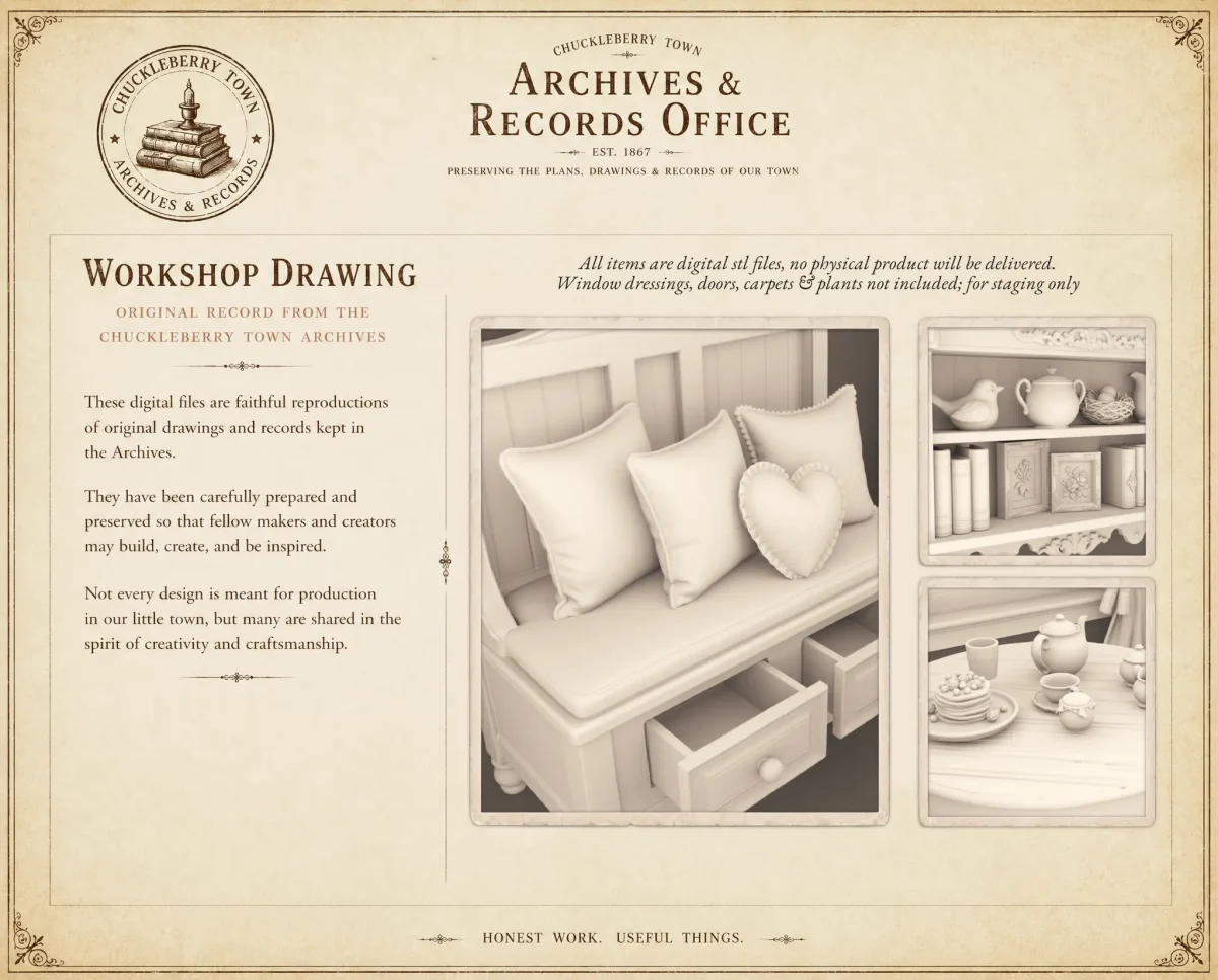 Dove & Pear - Cottage Corner STL Cottage Breakfast Corner Archives 5 STL - home office furniture and decor. 3D printing STL file - Storybook-inspired dollhouse miniatures, appliances furniture, décor and building supplies. Original designs by Dove & Pear.
