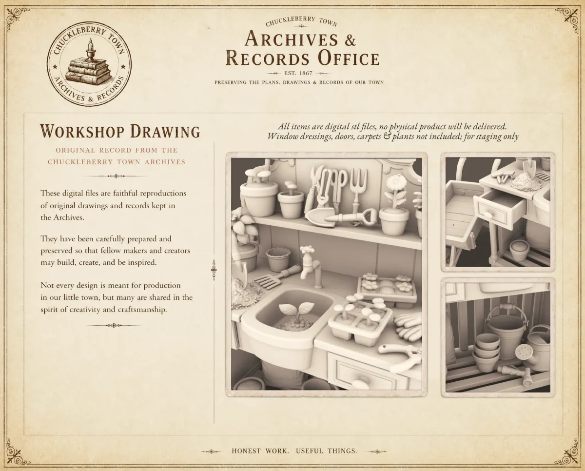 Archives 12 - Potting Table for Gardening with Accessories Dollhouse STL - home bedroom furniture and decor. 3D printing STL file - Storybook-inspired dollhouse miniatures, appliances furniture, décor and building supplies. Original designs by Dove & Pear.