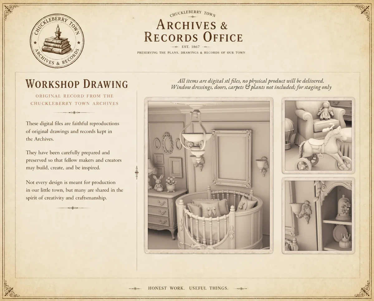 Archives 13 - Antique Nursery Furniture with Accessories Archives 13 - Antique Nursery Furniture with Accessories Dollhouse STL - home bedroom furniture and decor. 3D printing STL file - Storybook-inspired dollhouse miniatures, appliances furniture, décor and building supplies. Original designs by Dove & Pear.