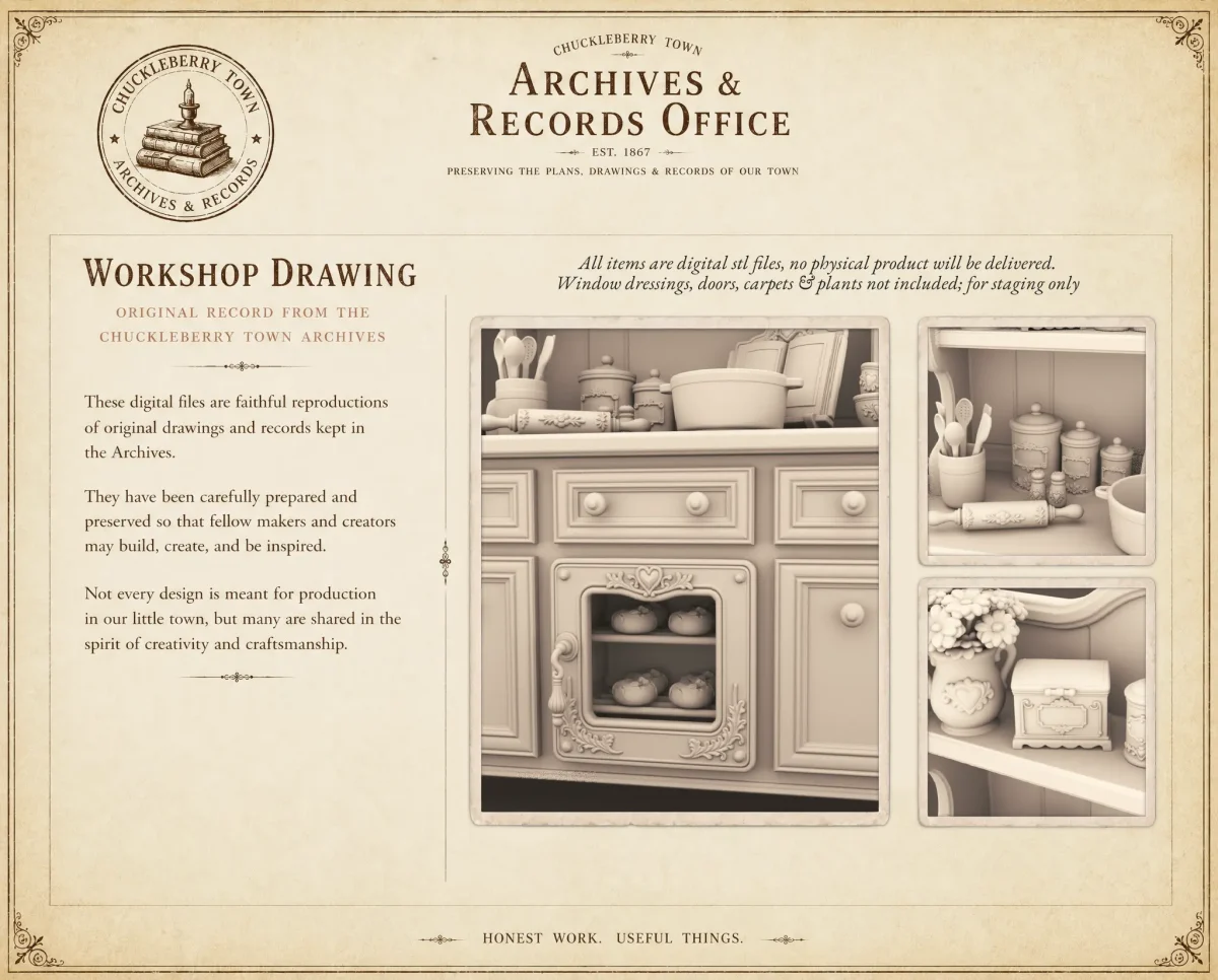 Archives 14 - Cabinet with Hutch and Cooking Accessories Dollhouse STL - home kitchen furniture and decor. 3D printing STL file - Storybook-inspired dollhouse miniatures, appliances furniture, décor and building supplies. Original designs by Dove & Pear.