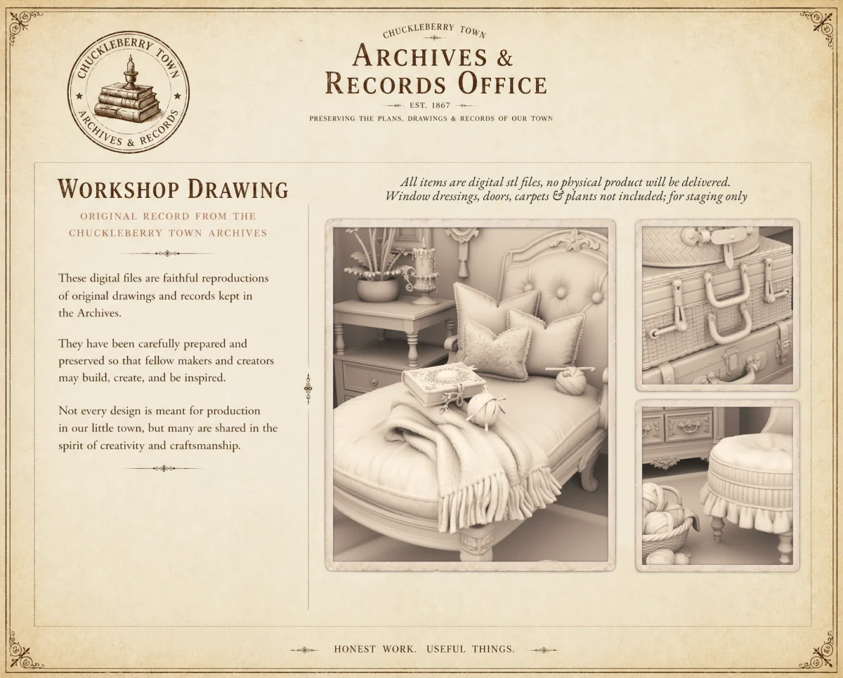 Archives 15 - Chaise Lounge chair furnished room - Dollhouse STL - home kitchen furniture and decor. 3D printing STL file - Storybook-inspired dollhouse miniatures, appliances furniture, décor and building supplies. Original designs by Dove & Pear.