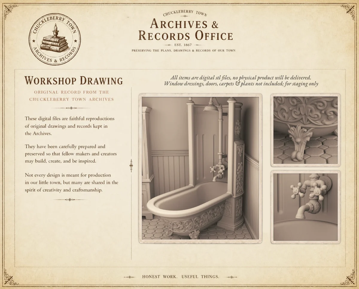 Archives 18 - Victorian Bathroom Set - Dollhouse STL Original designs by Dove & Pear. Archives 18 - Victorian Bathroom Set - Dollhouse STL - home kitchen furniture and decor. 3D printing STL file - Storybook-inspired dollhouse miniatures, appliances furniture, décor and building supplies. Original designs by Dove & Pear.