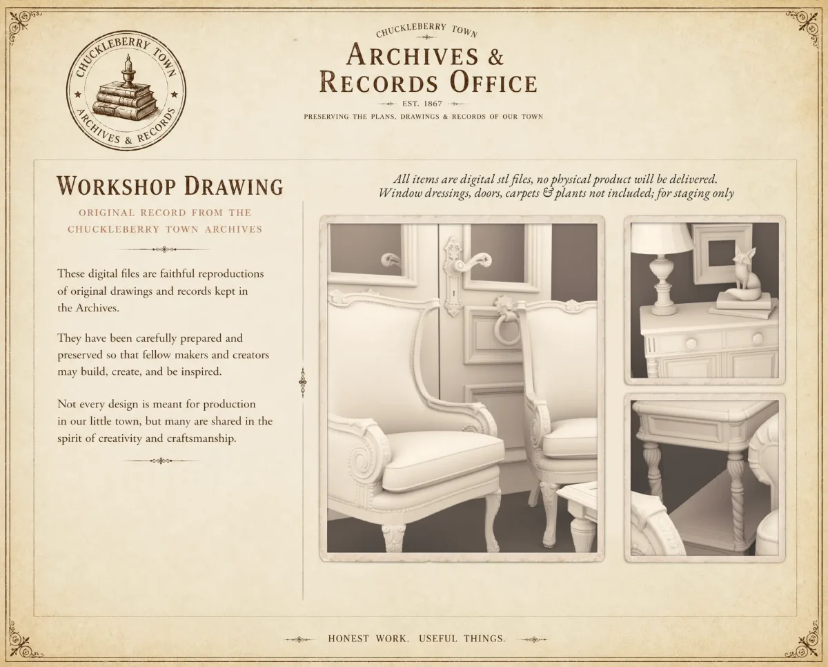 Rustic Elegance Archives 7 STL - home living room furniture and decor. 3D printing STL file - Storybook-inspired dollhouse miniatures, appliances furniture, décor and building supplies. Original designs by Dove & Pear.
