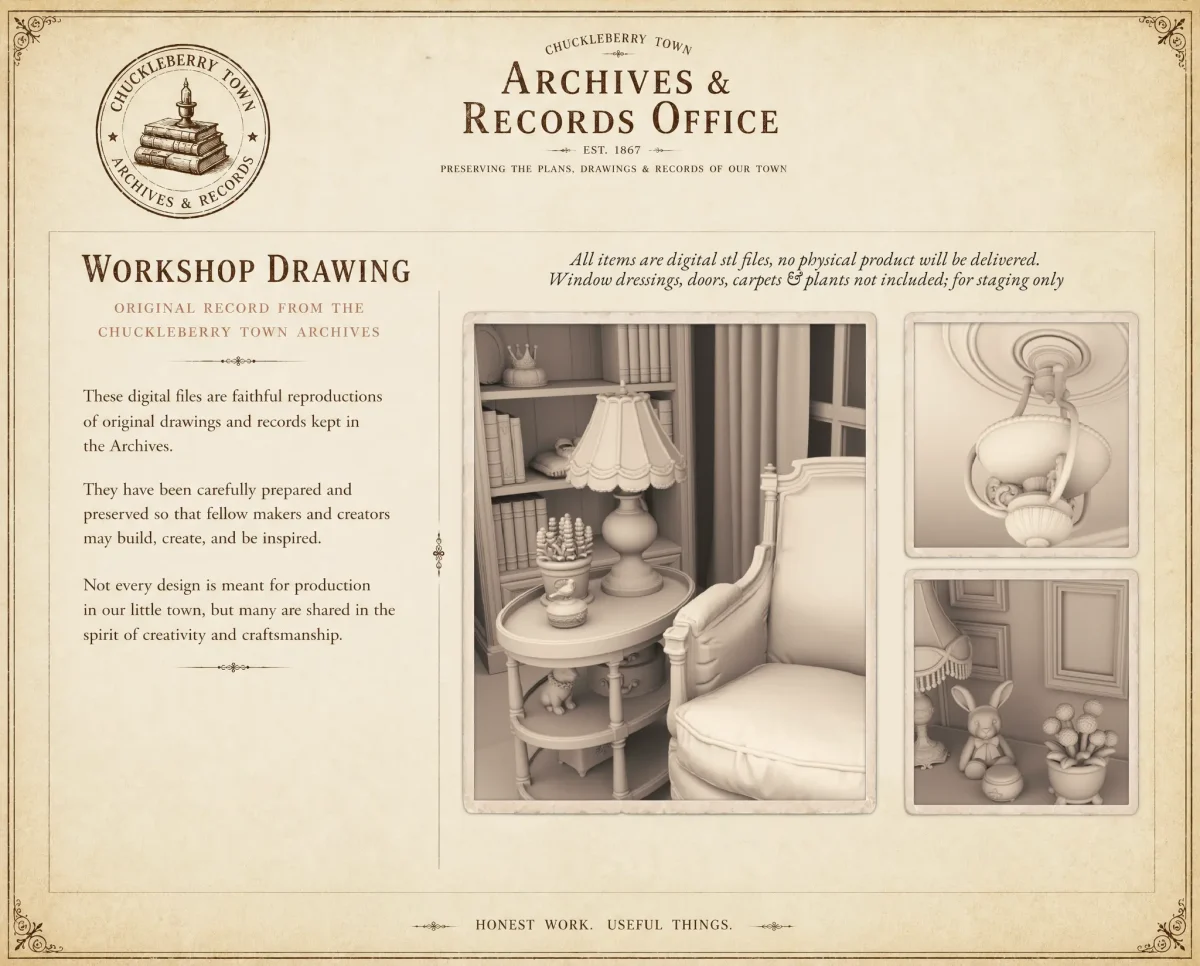 Archives 13 - Antique Nursery Furniture with Accessories Archives 13 - Antique Nursery Furniture with Accessories Dollhouse STL - home bedroom furniture and decor. 3D printing STL file - Storybook-inspired dollhouse miniatures, appliances furniture, décor and building supplies. Original designs by Dove & Pear.