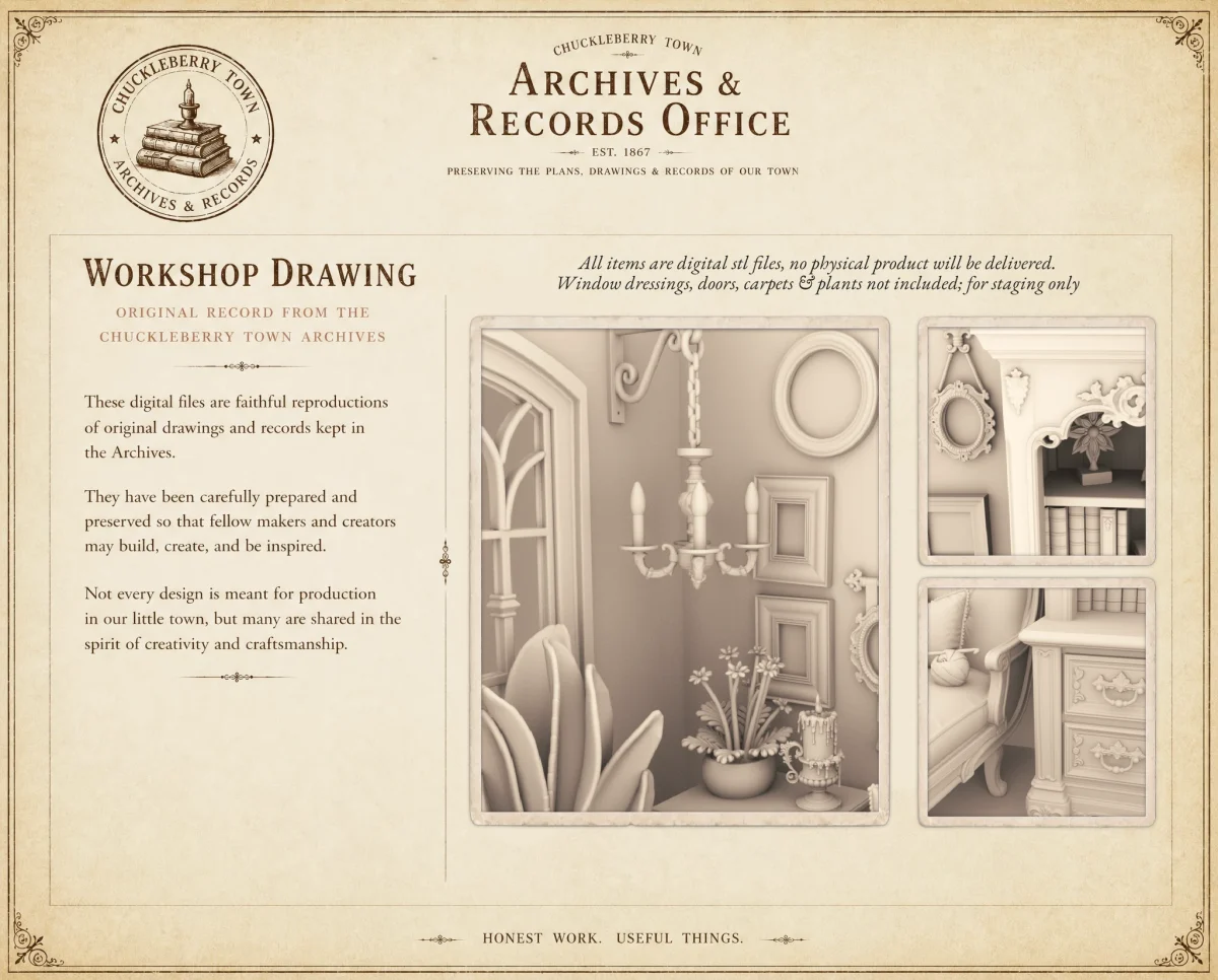Archives 15 - Chaise Lounge chair furnished room - Dollhouse STL - home kitchen furniture and decor. 3D printing STL file - Storybook-inspired dollhouse miniatures, appliances furniture, décor and building supplies. Original designs by Dove & Pear.