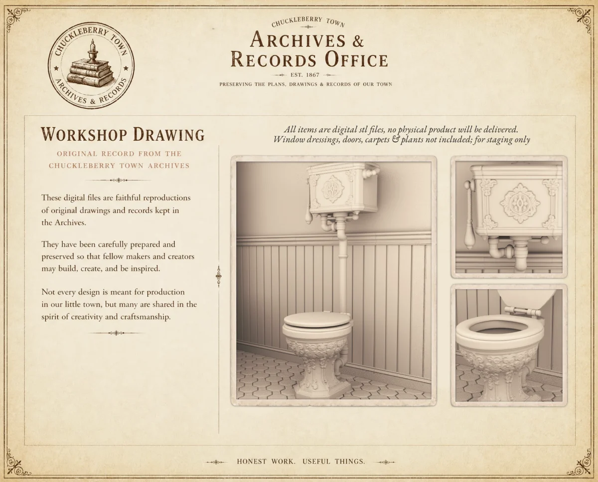 Archives 18 - Victorian Bathroom Set - Dollhouse STL Original designs by Dove & Pear. Archives 18 - Victorian Bathroom Set - Dollhouse STL - home kitchen furniture and decor. 3D printing STL file - Storybook-inspired dollhouse miniatures, appliances furniture, décor and building supplies. Original designs by Dove & Pear.