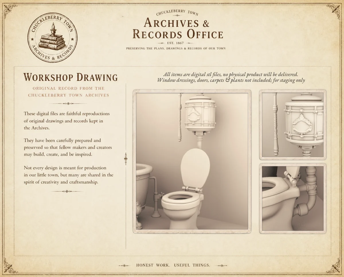 Archives 17 - Victorian Bathroom Set - Dollhouse STL - Archives 17 - Victorian Bathroom Set - Dollhouse STL - home kitchen furniture and decor. 3D printing STL file - Storybook-inspired dollhouse miniatures, appliances furniture, décor and building supplies. Original designs by Dove & Pear.
