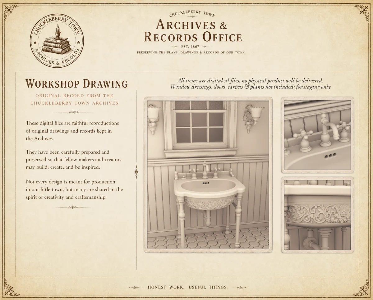 Archives 1 - Victorian Bathroom Set - Dollhouse STL Original designs by Dove & Pear. Archives 18 - Victorian Bathroom Set - Dollhouse STL - home kitchen furniture and decor. 3D printing STL file - Storybook-inspired dollhouse miniatures, appliances furniture, décor and building supplies. Original designs by Dove & Pear.