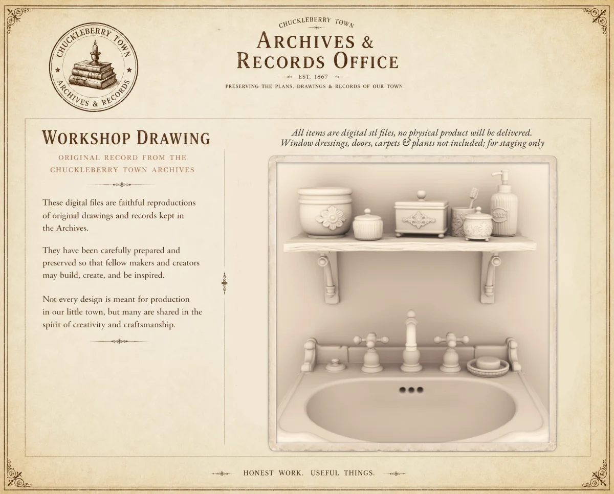 Archives 1 - Victorian Bathroom Set - Dollhouse STL Original designs by Dove & Pear. Archives 18 - Victorian Bathroom Set - Dollhouse STL - home kitchen furniture and decor. 3D printing STL file - Storybook-inspired dollhouse miniatures, appliances furniture, décor and building supplies. Original designs by Dove & Pear.