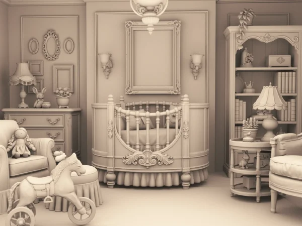 Archives 13 - Antique Nursery Furniture with Accessories Dollhouse STL - home bedroom furniture and decor. 3D printing STL file - Storybook-inspired dollhouse miniatures, appliances furniture, décor and building supplies. Original designs by Dove & Pear.