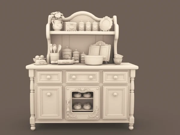 Archives 14 - Cabinet with Hutch and Cooking Accessories Dollhouse STL - home kitchen furniture and decor. 3D printing STL file - Storybook-inspired dollhouse miniatures, appliances furniture, décor and building supplies. Original designs by Dove & Pear.