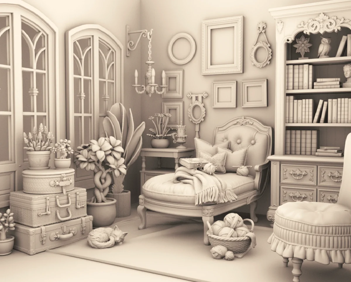 Archives 15 - Chaise Lounge chair furnished room - Dollhouse STL - home kitchen furniture and decor. 3D printing STL file - Storybook-inspired dollhouse miniatures, appliances furniture, décor and building supplies. Original designs by Dove & Pear.