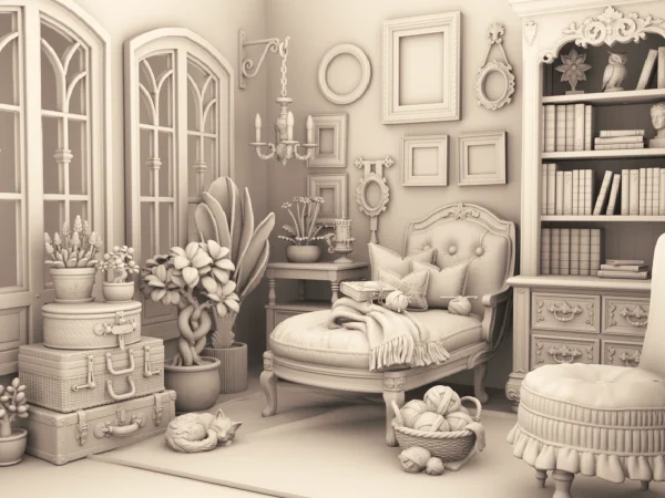 Archives 15 - Chaise Lounge chair furnished room - Dollhouse STL - home kitchen furniture and decor. 3D printing STL file - Storybook-inspired dollhouse miniatures, appliances furniture, décor and building supplies. Original designs by Dove & Pear.