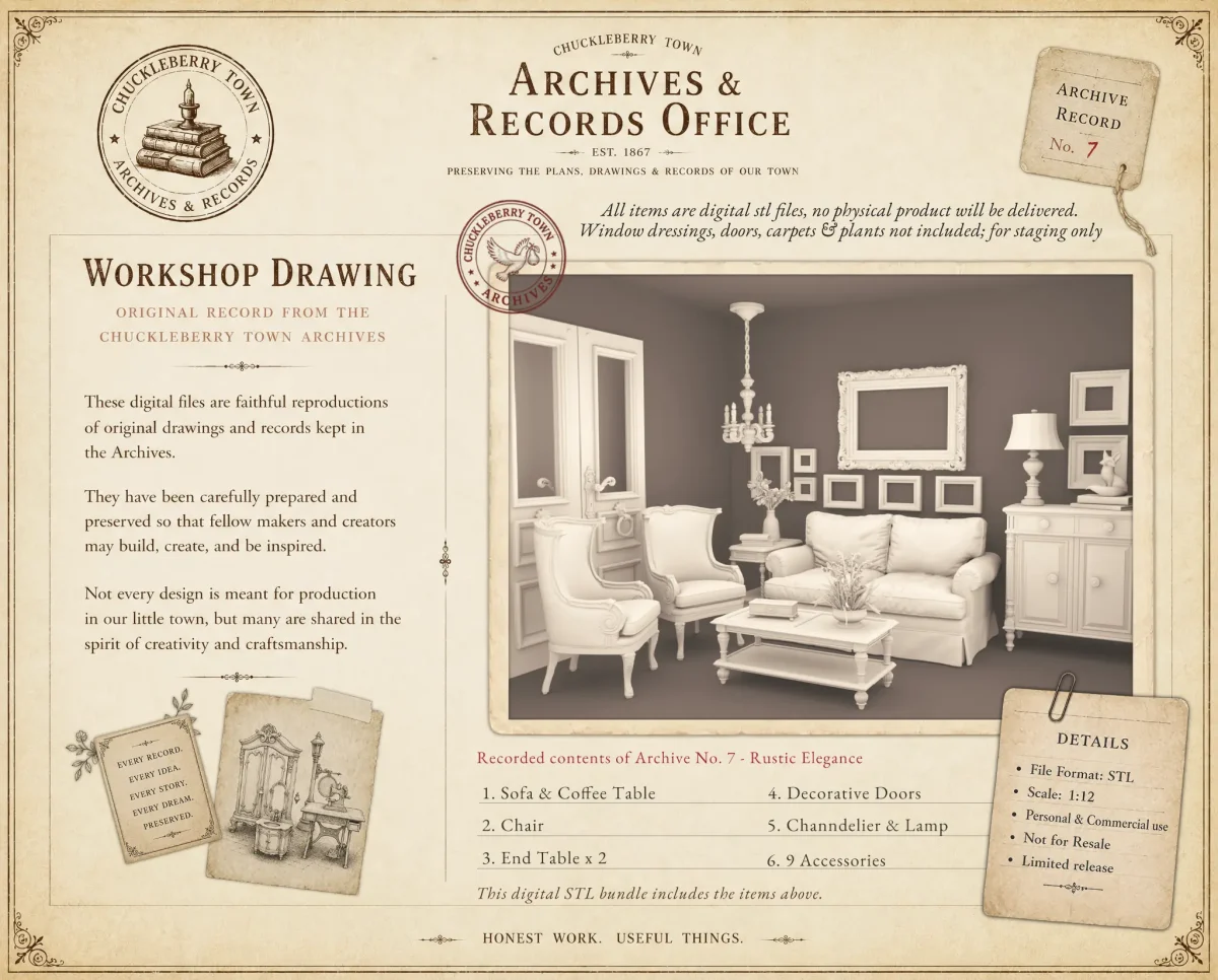 Rustic Elegance Archives 7 STL - home living room furniture and decor. 3D printing STL file - Storybook-inspired dollhouse miniatures, appliances furniture, décor and building supplies. Original designs by Dove & Pear.
