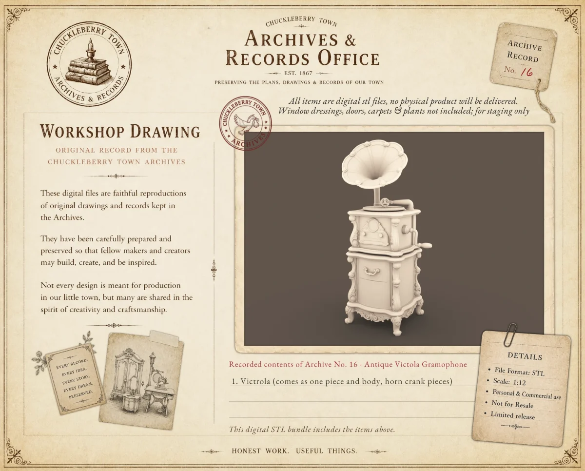 Archives 16 - Victrola Gramophone - Dollhouse STL - Original designs by Dove & Pear. Archives 16 - Victrola Gramophone - Dollhouse STL - home kitchen furniture and decor. 3D printing STL file - Storybook-inspired dollhouse miniatures, appliances furniture, décor and building supplies. Original designs by Dove & Pear.