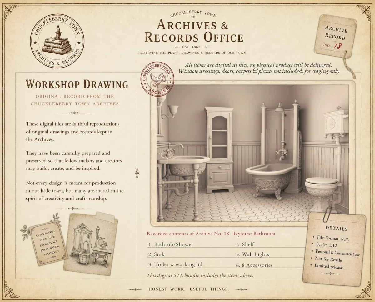 Archives 18 - Victorian Bathroom Set - Dollhouse STL Original designs by Dove & Pear. Archives 18 - Victorian Bathroom Set - Dollhouse STL - home kitchen furniture and decor. 3D printing STL file - Storybook-inspired dollhouse miniatures, appliances furniture, décor and building supplies. Original designs by Dove & Pear.