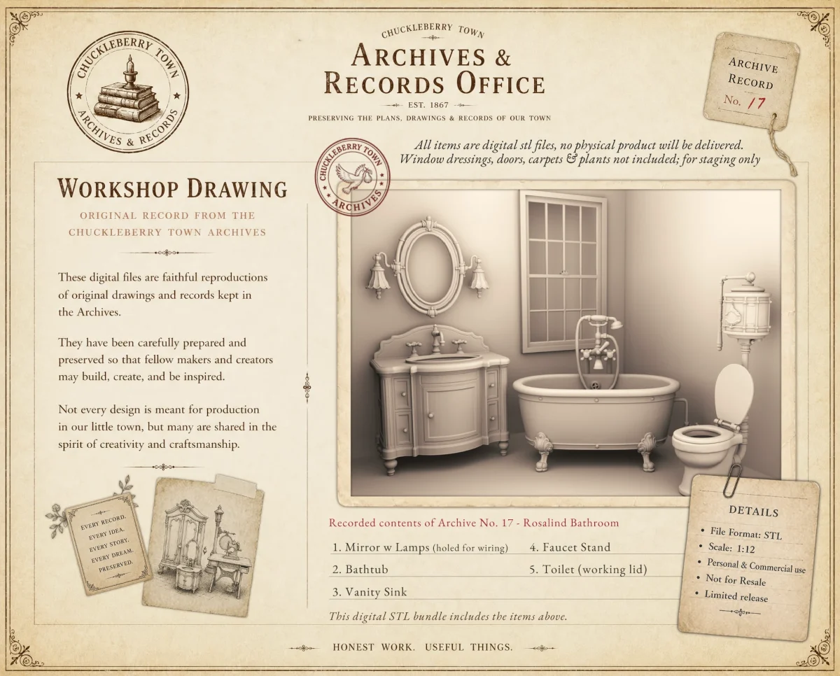 Archives 17 - Victorian Bathroom Set - Dollhouse STL - Archives 17 - Victorian Bathroom Set - Dollhouse STL - home kitchen furniture and decor. 3D printing STL file - Storybook-inspired dollhouse miniatures, appliances furniture, décor and building supplies. Original designs by Dove & Pear.