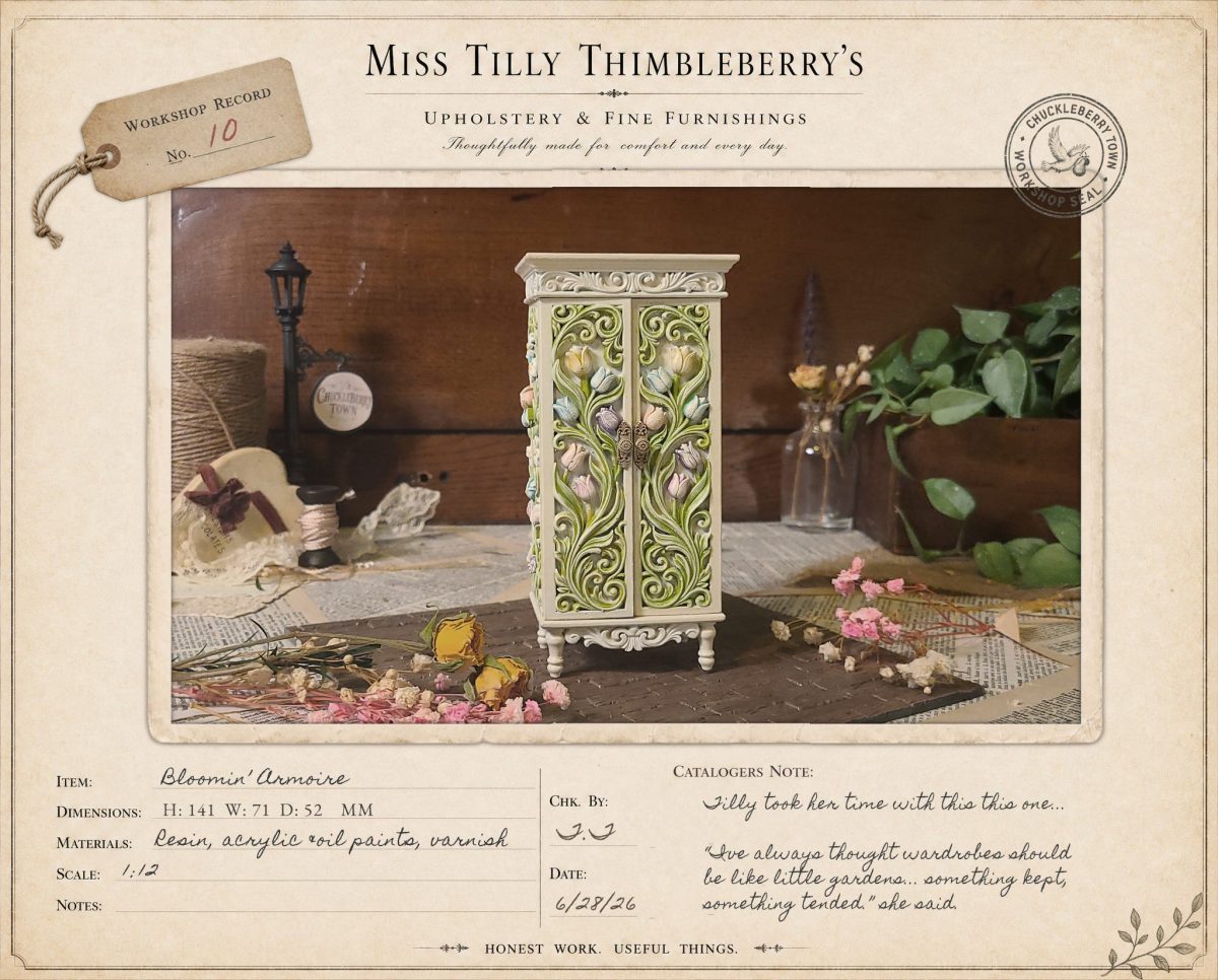 Bloomin Armoire – Hand-painted armoire cabinet for 1:12 scale dollhouses by Dove & Pear. Storybook-inspired miniature appliances, fixtures, furniture and décor from Chuckleberry Town. Original Dove & Pear design.