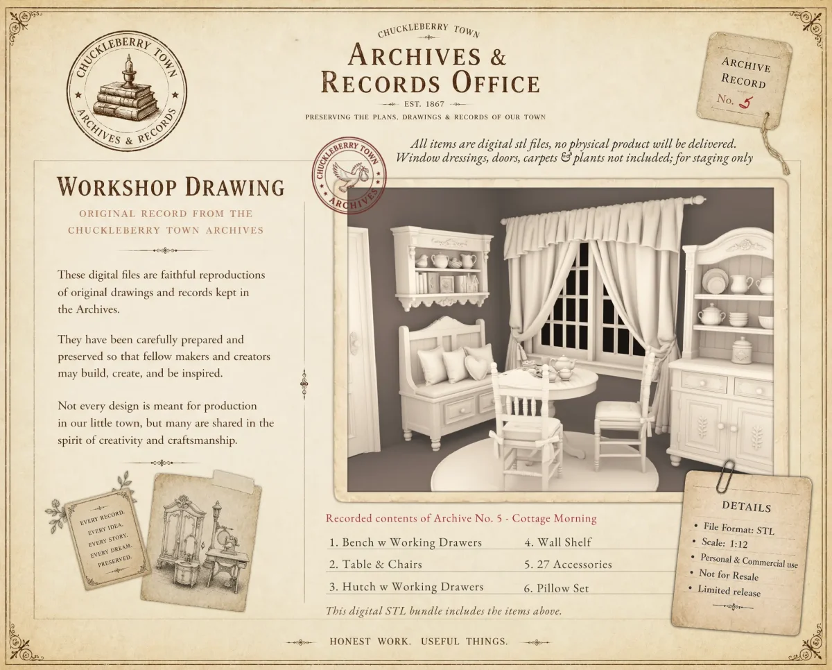 Dove & Pear - Cottage Corner STL Cottage Breakfast Corner Archives 5 STL - home office furniture and decor. 3D printing STL file - Storybook-inspired dollhouse miniatures, appliances furniture, décor and building supplies. Original designs by Dove & Pear.