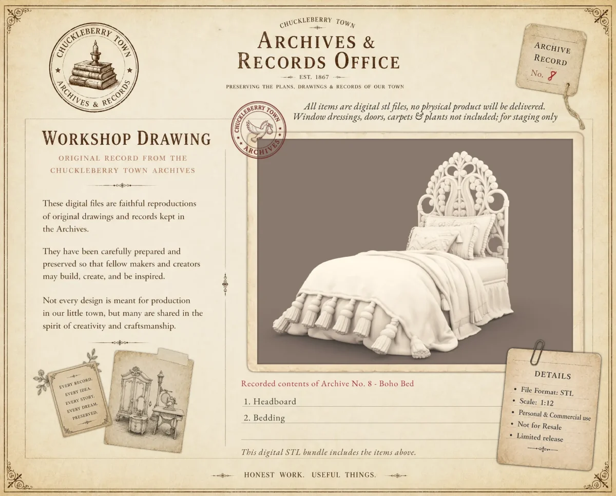 Boho Bed Preview Boho Bed Archives 8 Dollhouse STL - home bedroom furniture and decor. 3D printing STL file - Storybook-inspired dollhouse miniatures, appliances furniture, décor and building supplies. Original designs by Dove & Pear.