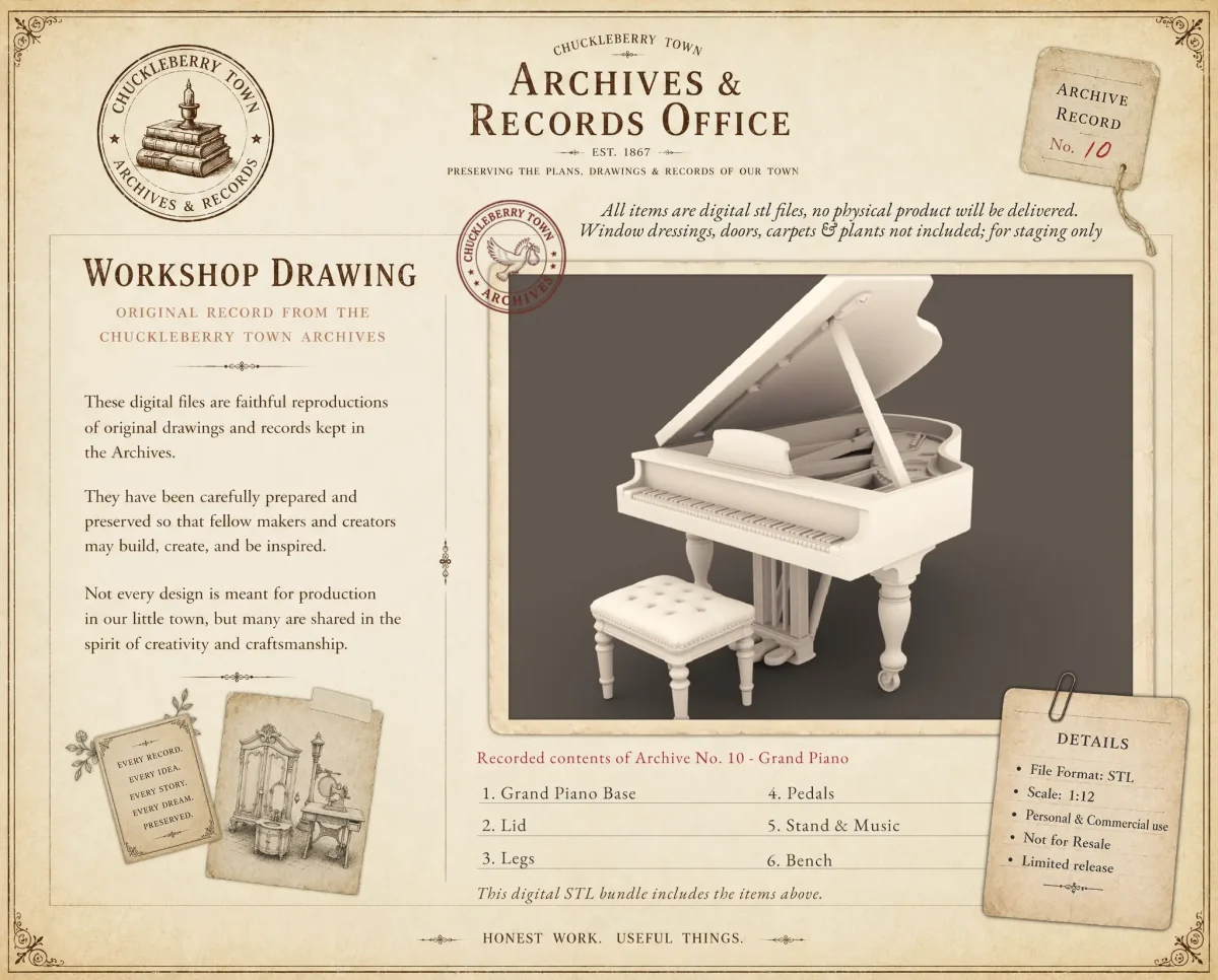 Grand Piano Archives 10 Dollhouse STL - home bedroom furniture and decor. 3D printing STL file - Storybook-inspired dollhouse miniatures, appliances furniture, décor and building supplies. Original designs by Dove & Pear.