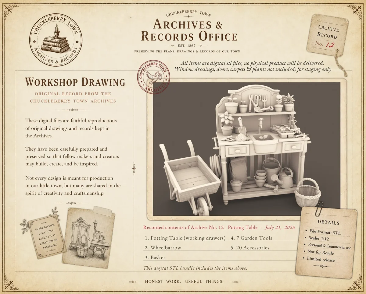 Archives 12 - Potting Table for Gardening with Accessories Dollhouse STL - home bedroom furniture and decor. 3D printing STL file - Storybook-inspired dollhouse miniatures, appliances furniture, décor and building supplies. Original designs by Dove & Pear.