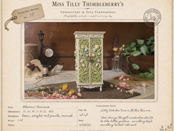 Bloomin Armoire – Hand-painted armoire cabinet for 1:12 scale dollhouses by Dove & Pear. Storybook-inspired miniature appliances, fixtures, furniture and décor from Chuckleberry Town. Original Dove & Pear design.