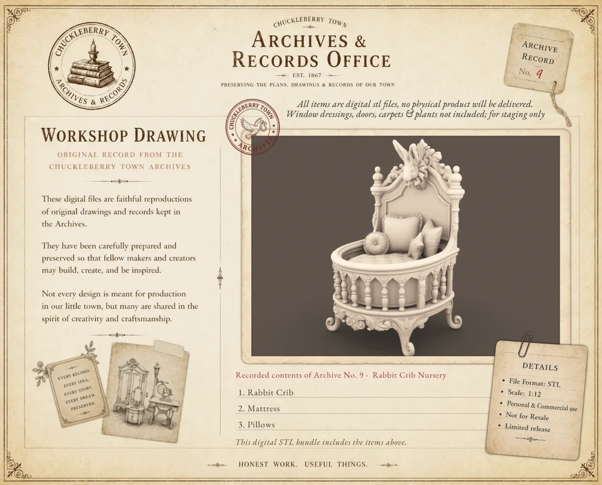 Archives 9 - Rabbit Crib Archives 9 - Rabbit Crib Dollhouse STL - home bedroom furniture and decor. 3D printing STL file - Storybook-inspired dollhouse miniatures, appliances furniture, décor and building supplies. Original designs by Dove & Pear.