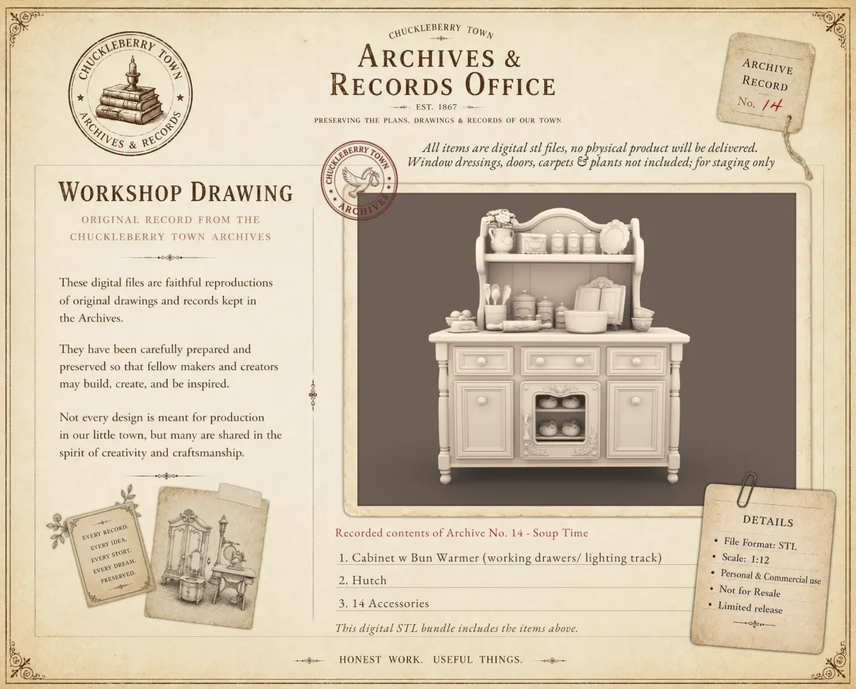 Archives 14 - Cabinet with Hutch and Cooking Accessories Dollhouse STL - home kitchen furniture and decor. 3D printing STL file - Storybook-inspired dollhouse miniatures, appliances furniture, décor and building supplies. Original designs by Dove & Pear.