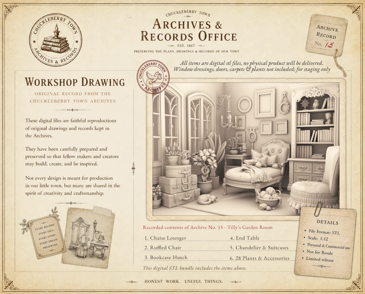 Archives 15 - Chaise Lounge chair furnished room - Dollhouse STL - home kitchen furniture and decor. 3D printing STL file - Storybook-inspired dollhouse miniatures, appliances furniture, décor and building supplies. Original designs by Dove & Pear.