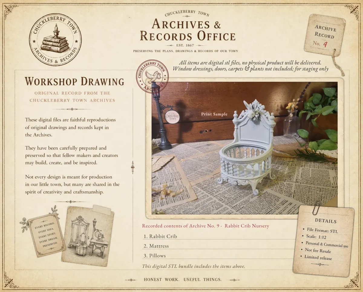 Archives 9 - Rabbit Crib Archives 9 - Rabbit Crib Dollhouse STL - home bedroom furniture and decor. 3D printing STL file - Storybook-inspired dollhouse miniatures, appliances furniture, décor and building supplies. Original designs by Dove & Pear.