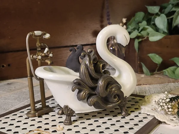 Hand-painted swan bathtub & faucet for 1:12 scale dollhouses by Dove & Pear. Storybook-inspired miniature appliances, fixtures, furniture and décor from Chuckleberry Town. Original Dove & Pear design.