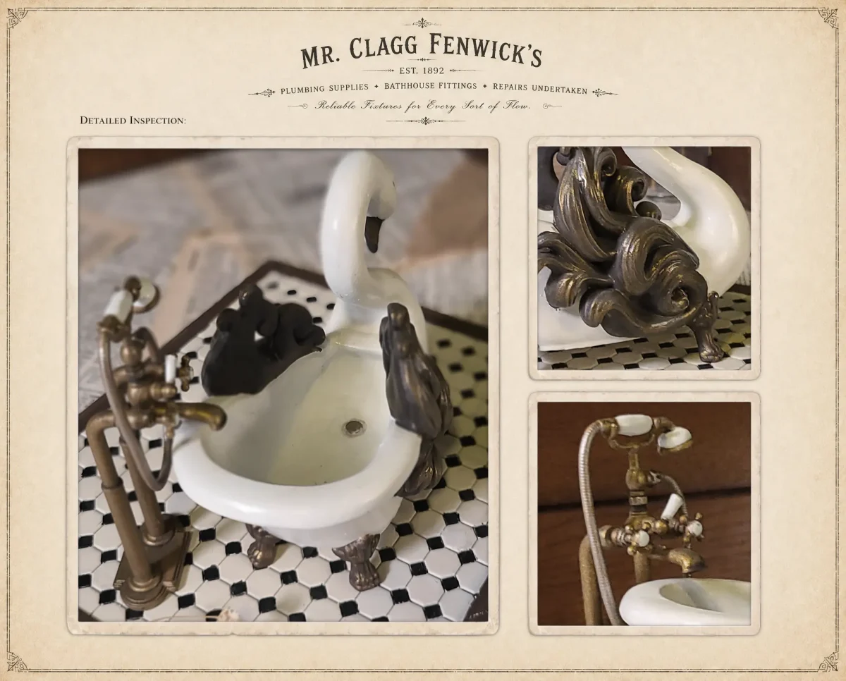 Hand-painted swan bathtub & faucet for 1:12 scale dollhouses by Dove & Pear. Storybook-inspired miniature appliances, fixtures, furniture and décor from Chuckleberry Town. Original Dove & Pear design.