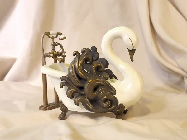 Hand-painted swan bathtub & faucet for 1:12 scale dollhouses by Dove & Pear. Storybook-inspired miniature appliances, fixtures, furniture and décor from Chuckleberry Town. Original Dove & Pear design.